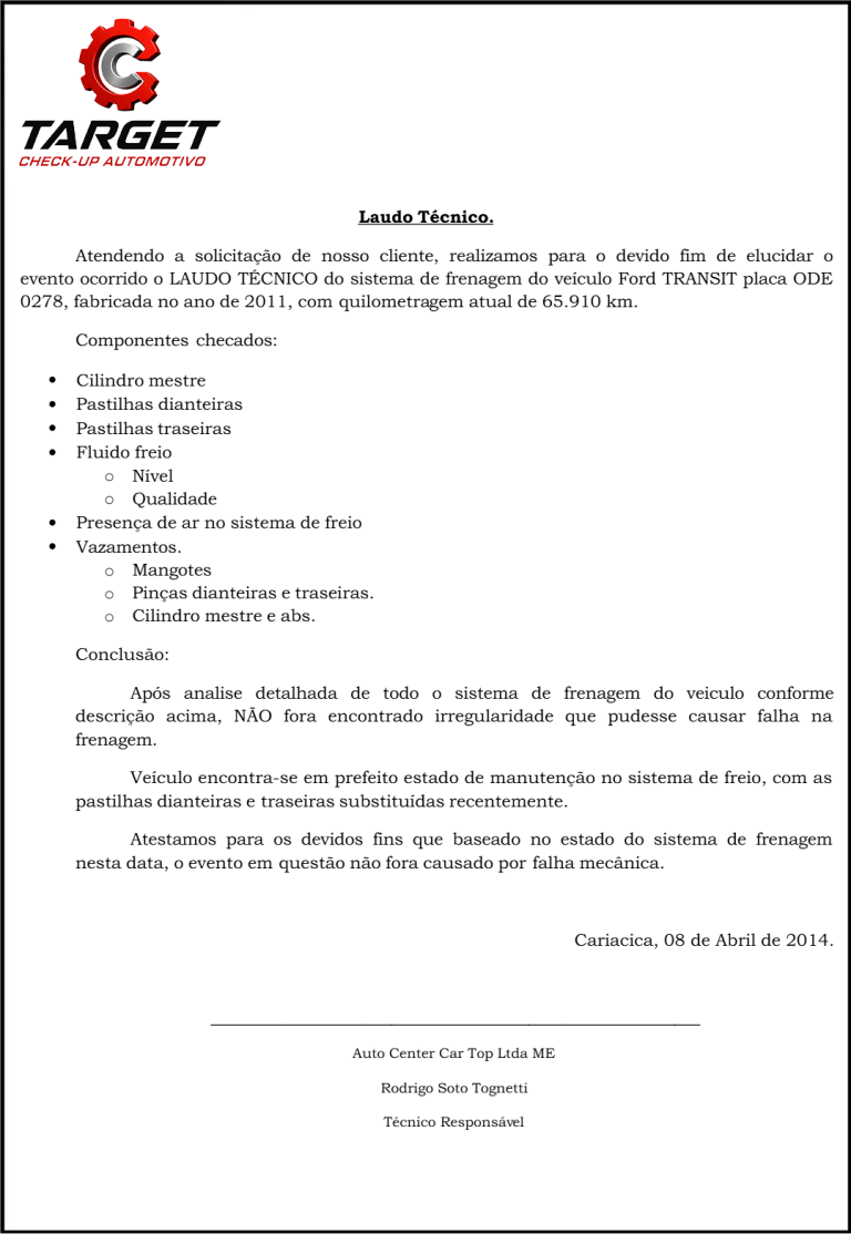 Exemplo real de Laudo Técnico emitido pela TARGET Check-up Automotivo